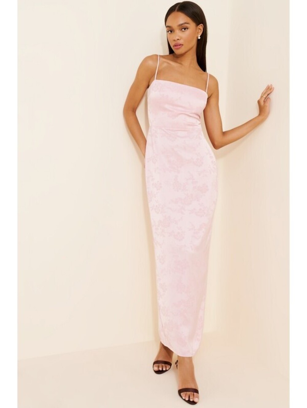 Anthropologie x Few Moda - Pink Floral Jacquard Satin Maxi Dress, Size XS